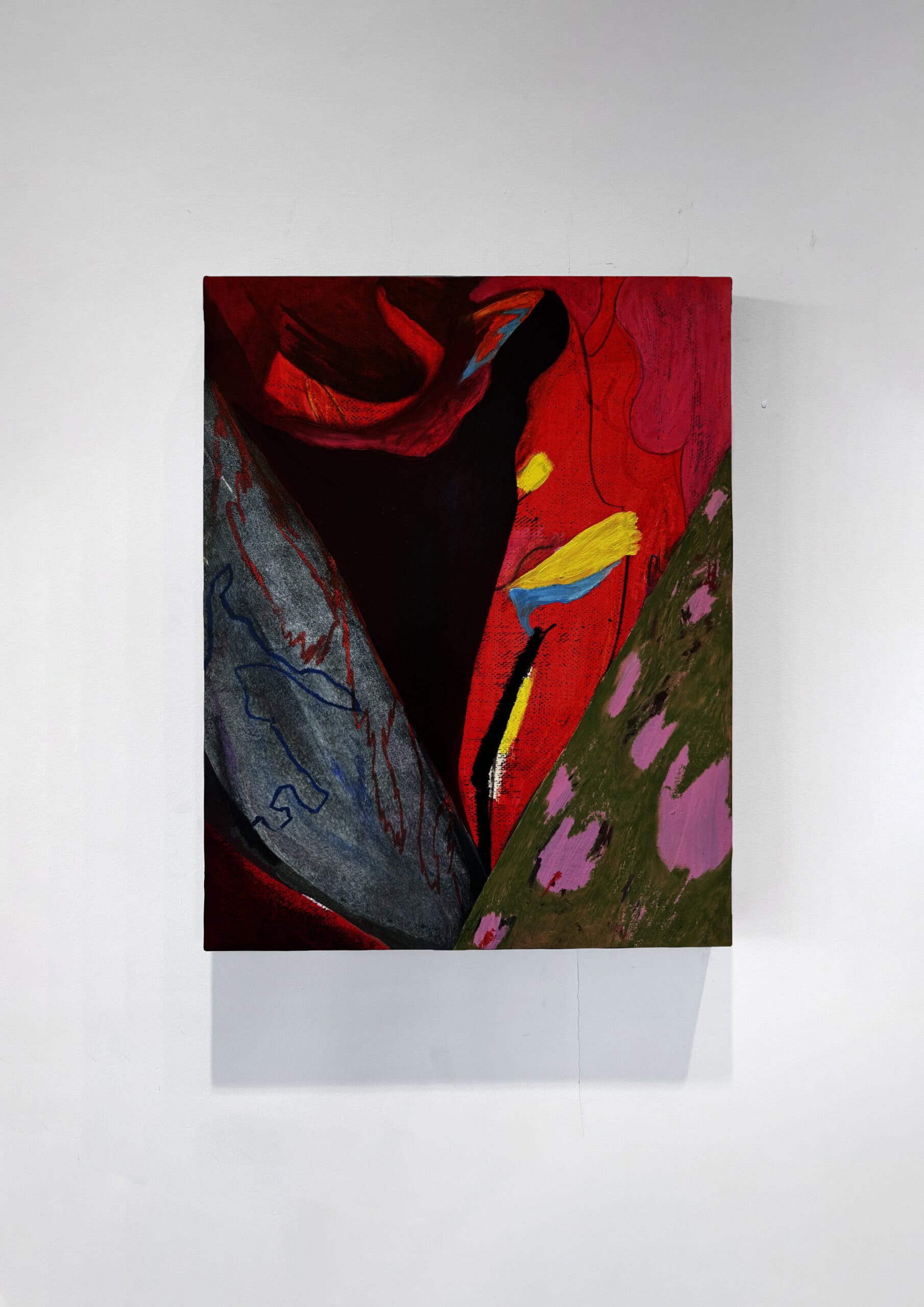 The red web, 2024
Korean pigment, oil pastels on paper mounted on woodboard
35 x 27,5 x 2,5 cm