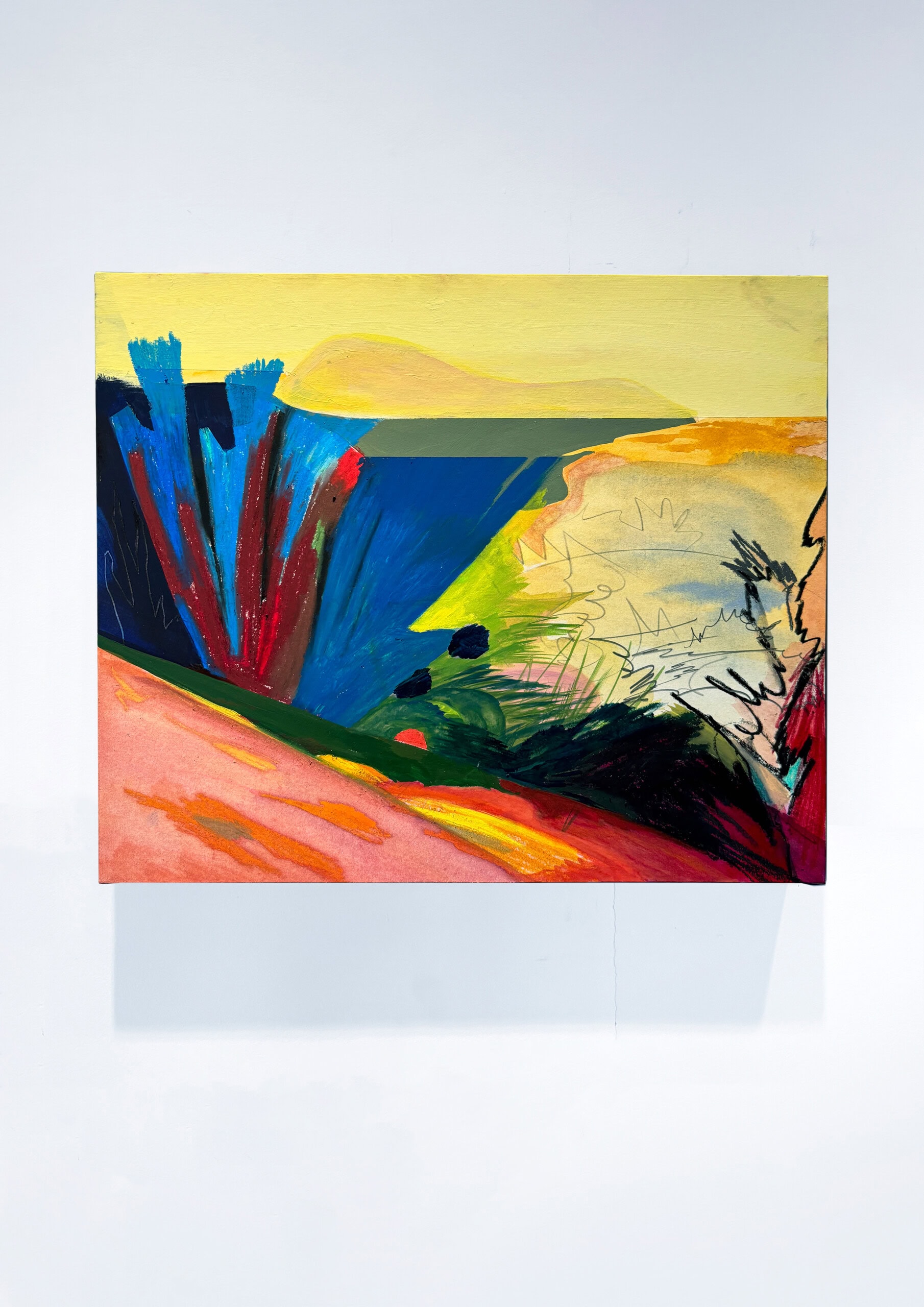 The lake turns into sea, 2024
Korean pigment, oil pastels on paper mounted on woodboard
27,5 x 45,5 x 2,5 cm